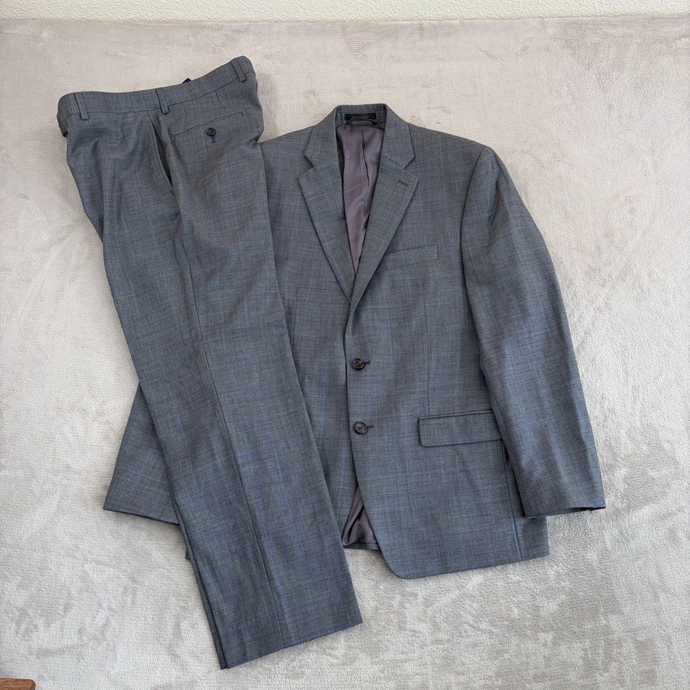 Lauren‎ Ralph Lauren Suit Set Men 40 Grey Blue WindowPane Wool Pants 34x29.5
